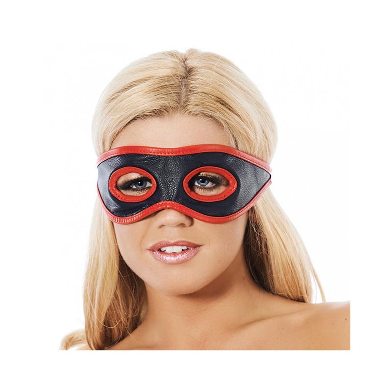 Máscara de couro com buracos para os olhos vermelhos e pretos
