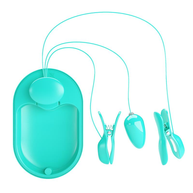 Surprise Box Huevo Vibrador y Pinzas para Pezones con Electro Estimulacion Azul