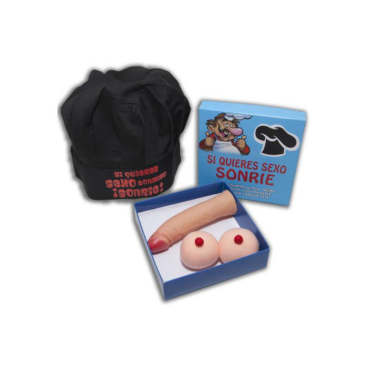 Conjunto de chapéu de chef, broche de peito e caixa estimuladora