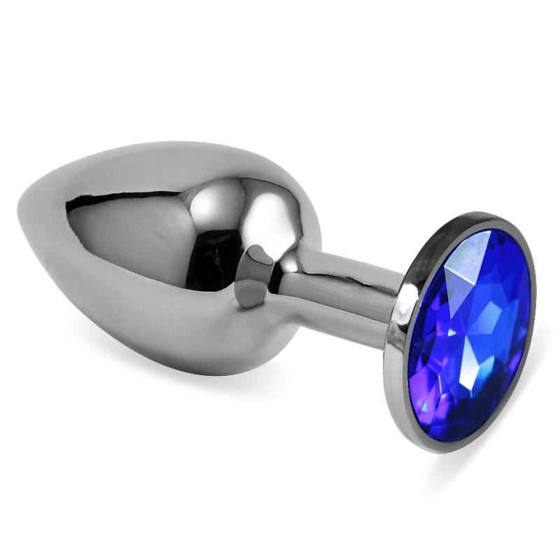 Plugue anal prateado Rosebud Classic com joia azul escuro, tamanho P