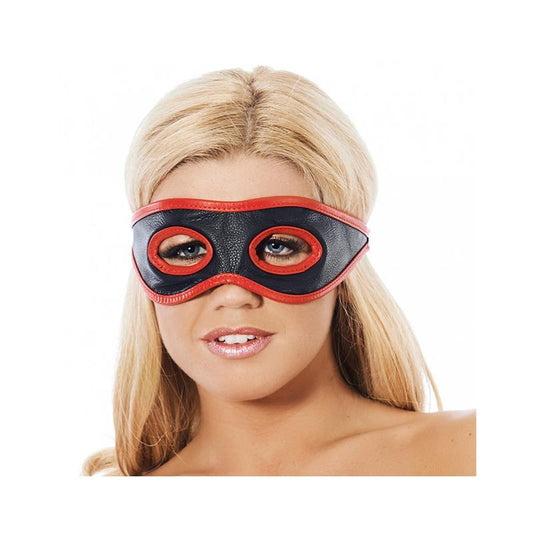 Máscara de couro com buracos para os olhos vermelhos e pretos